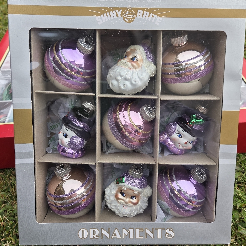 Christmas Retro Shiny Brite Ornaments Snowman Snow Man Santa Claus Purple